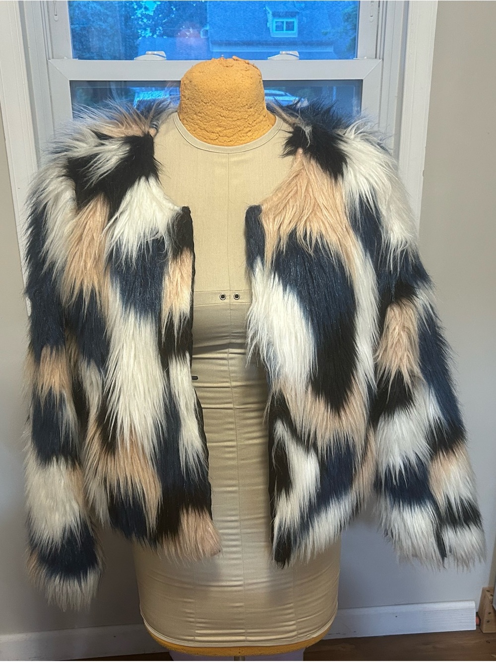 Charlotte Russe Multicolor Faux Fur Jacket — Black, White, Tan and Navy Size 1X